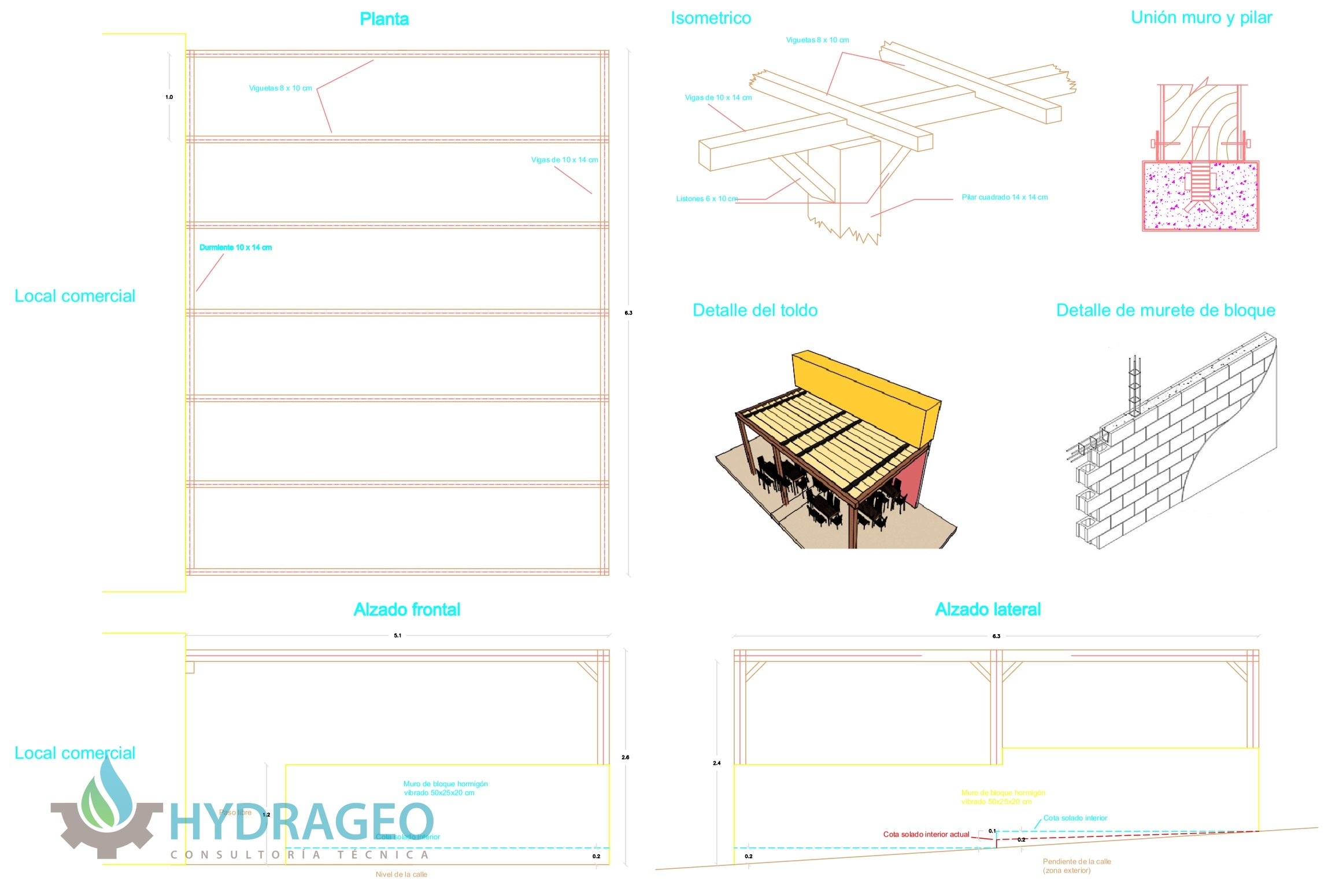 Proyecto pérgola y muro de local Hydrageo